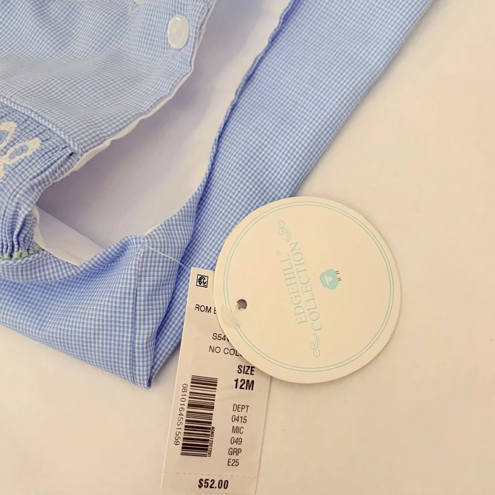 NWT!! EDGEHILL COLLECTION Smocked Bunny Gingham Plaid Romper Blue 12‎ Months